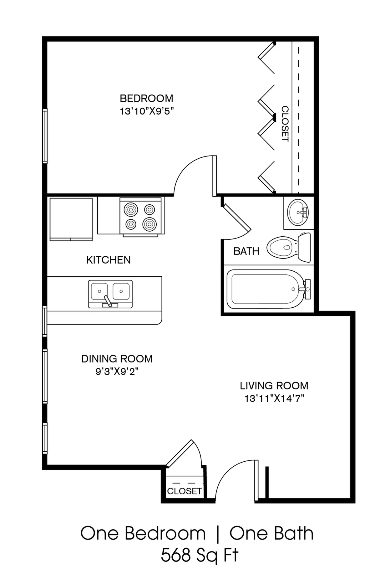 Modern one-bedroom layout featuring a spacious living room, cozy dining area, well-appointed kitchen, and a stylish bathroom within 568 sq ft.