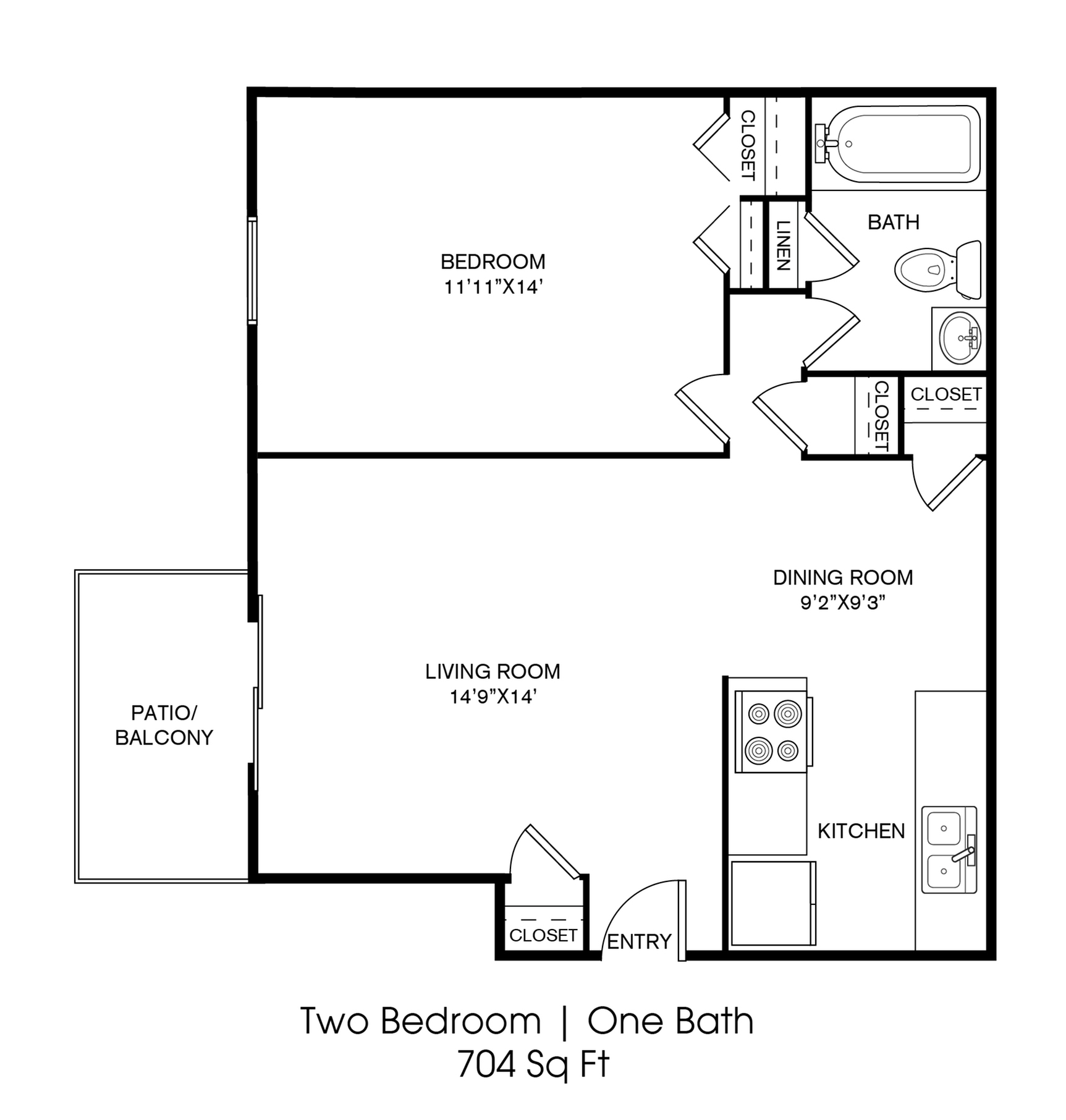 Modern 2 bedroom, 1 bath apartment floor plan featuring a spacious living room, cozy dining area, and private patio, spanning 704 sq ft.