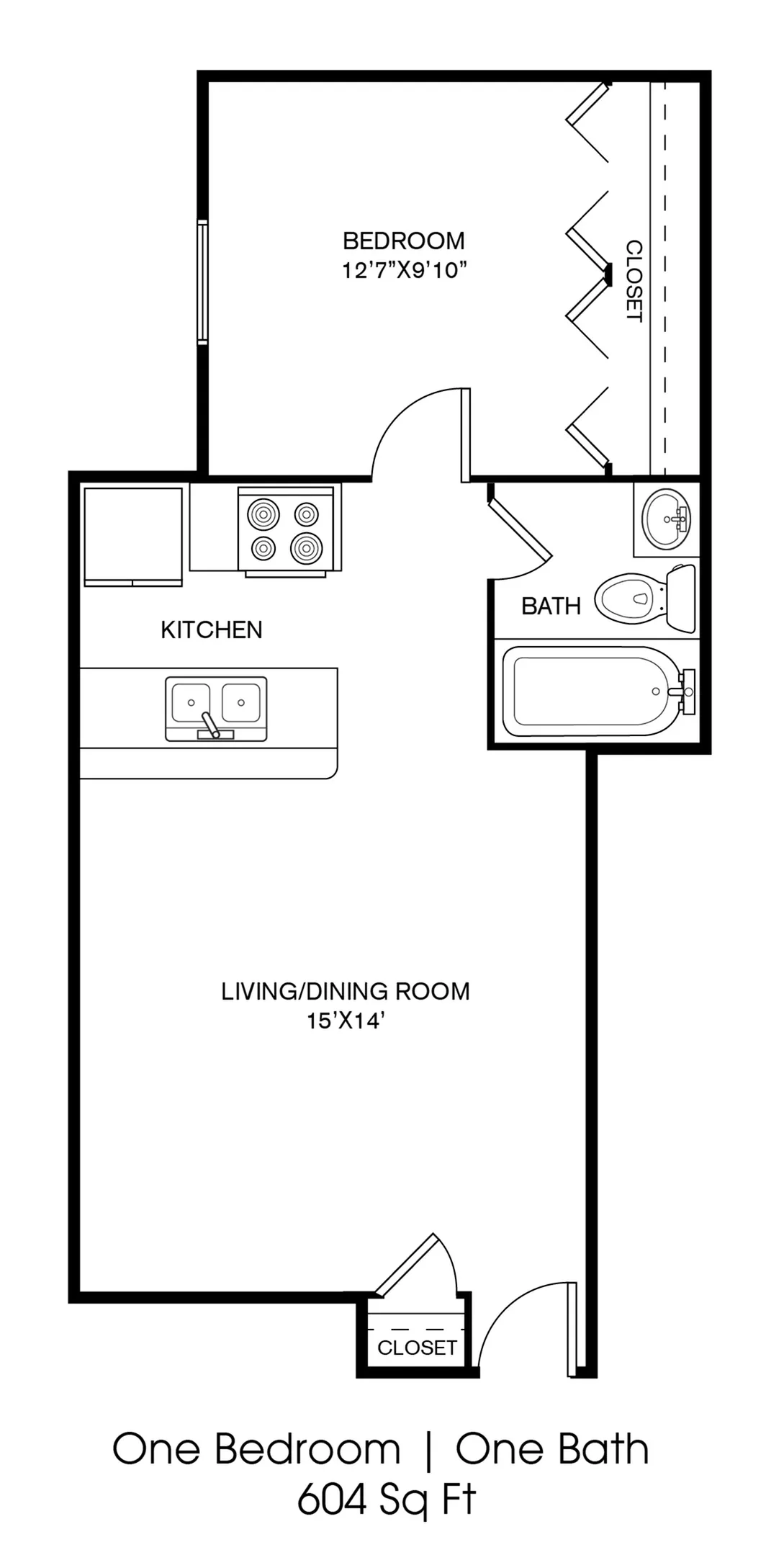 Chic one-bedroom floor plan with open living/dining area, modern kitchen, and cozy layout, totaling 604 sq ft.