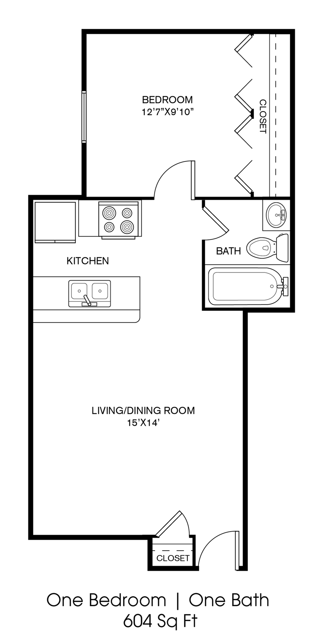 Contemporary 604 sq ft floor plan with one bedroom, spacious living/dining area, cozy kitchen, and a full bathroom.