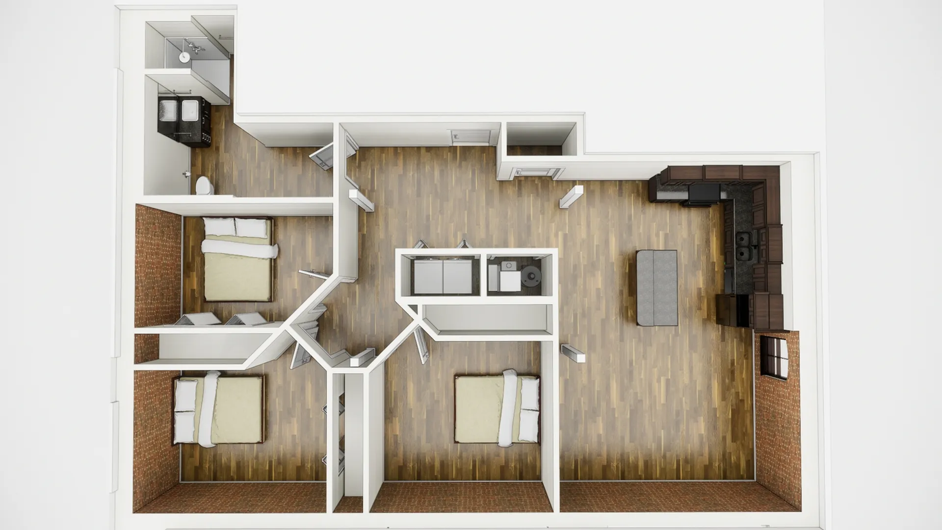 Modern floor plan showcasing three bedrooms, open kitchen with island, and expansive living area featuring sleek wood flooring.