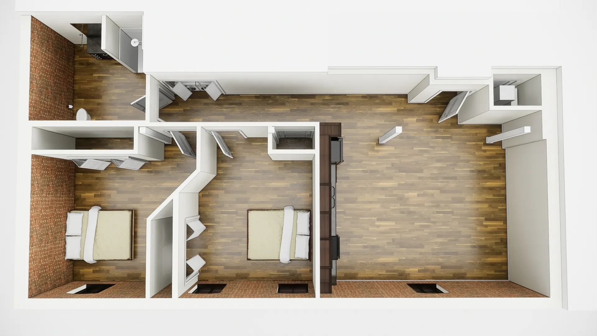 Modern 3D floor plan showcasing 2 bedrooms with elegant wood flooring, open living area, and a sleek bathroom layout.