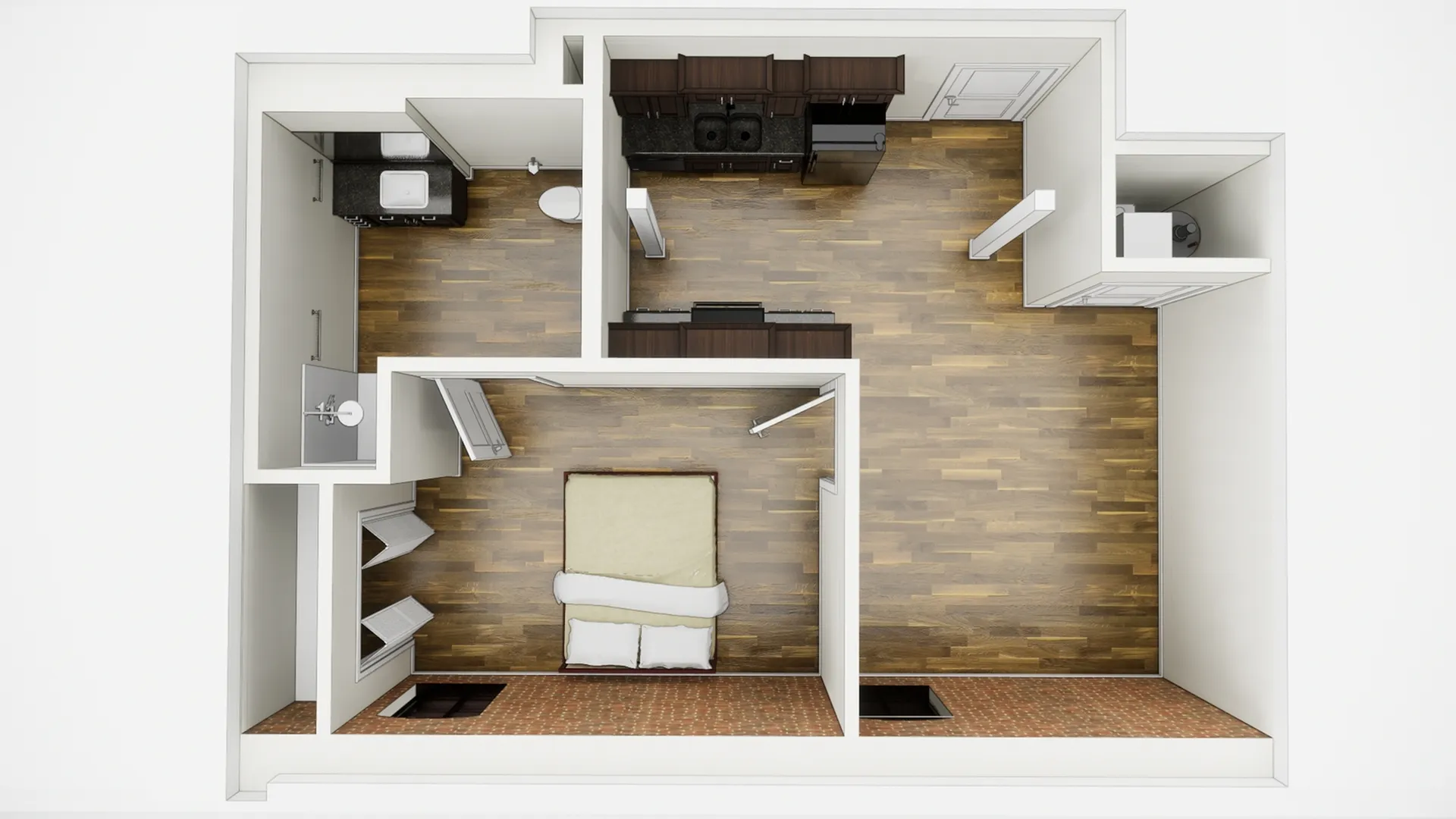 Modern 1-bedroom floor plan featuring open kitchen and spacious living area with stylish wood flooring.