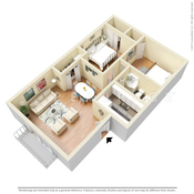 Charming 3D floor plan showcasing 2 cozy bedrooms, a light-filled living area, modern kitchen, and stylish dining space.