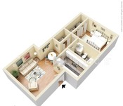 Charming 3D floor plan showcasing a cozy 1-bedroom apartment with an inviting living room, efficient kitchen, and warm, stylish décor.