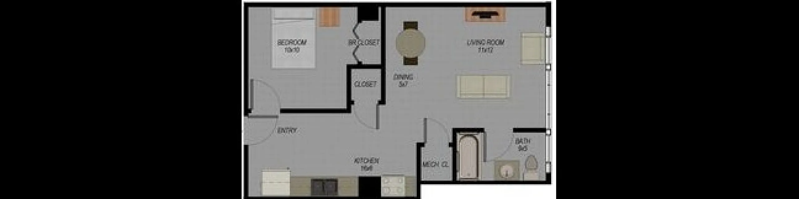 Compact floor plan with 1 bedroom, efficient kitchen, and a cozy living room.