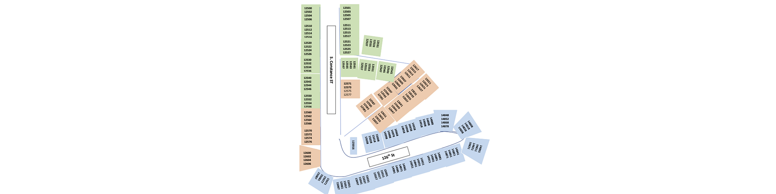 Color-coded layout of Chestnut Heights Townhomes along S. Constance St and 126th St, showing multiple residences.
