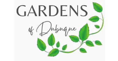 Elegant Gardens of Dubuque logo with green leaves and stylish script.