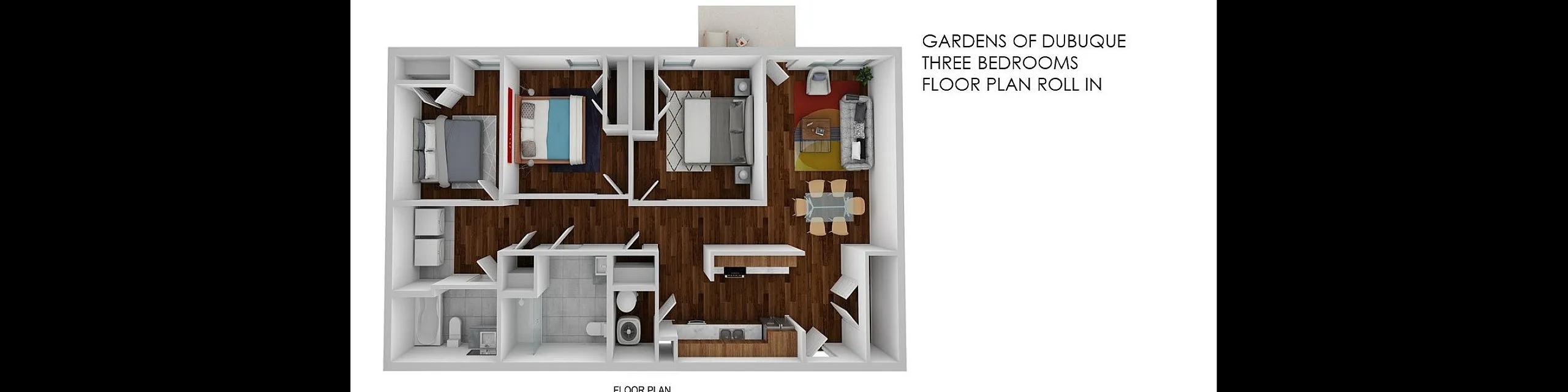 Contemporary 3-bedroom apartment floor plan with elegant wooden floors, cozy living area, and modern kitchen layout.