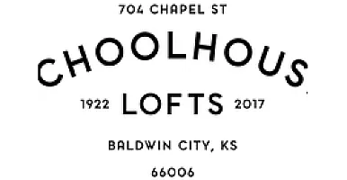 Chic Schoolhouse Lofts logo, blending vintage charm and modern luxury, located at 704 Chapel St, Baldwin City, KS.