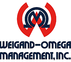 Elegant logo of Weigand-Omega Management, Inc. featuring bold red and blue design elements.