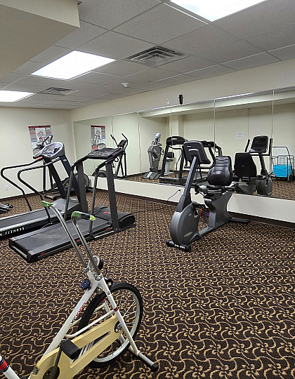 Modern fitness room with state-of-the-art exercise equipment including treadmills and stationary bikes, featuring a spacious mirrored wall for an enhanced workout experience.
