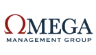 Omega Management Group logo featuring a bold, stylized Greek letter Omega in red, paired with elegant blue text for a professional look.