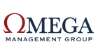 Omega Management Group logo featuring a stylized red Omega symbol paired with elegant blue typography.