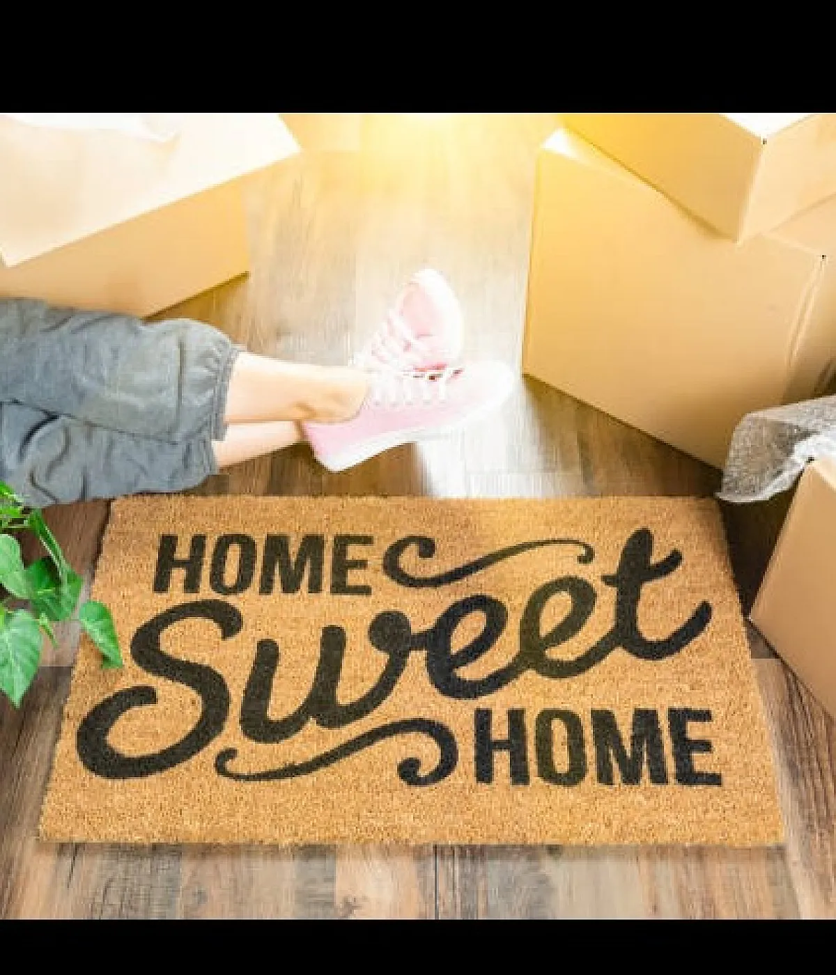 Welcoming entrance scene with 'Home Sweet Home' doormat, surrounded by moving boxes and a lush green plant.