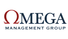 Omega Management Group logo featuring a bold, stylish design with a prominent red Omega symbol and navy text.