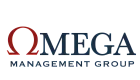 Logo of Omega Management Groupwith red and blue design elements.