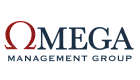 Omega Management Group logo featuring a bold, red omega symbol and elegant typography.