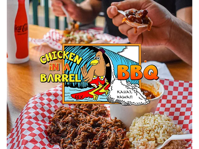 Mouthwatering BBQ feast with a focus on succulent pulled pork, rice, and beans, accompanied by vibrant Chicken in a Barrel logo featuring a surfing chicken in Kauai, Hawaii setting.