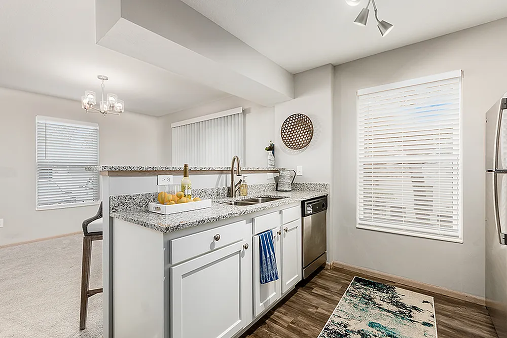 Modern kitchen with sleek granite countertops, stainless steel appliances, and abundant natural light, ideal for entertaining.