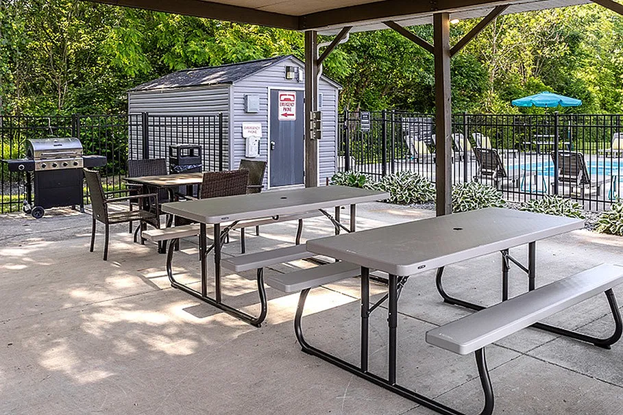 Charming outdoor area with picnic tables and grill, set against a lush greenery background, perfect for gatherings by the poolside.
