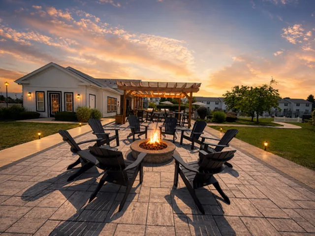 Charming outdoor patio featuring a cozy fire pit surrounded by Adirondack chairs, with a picturesque pergola and beautiful sunset backdrop.