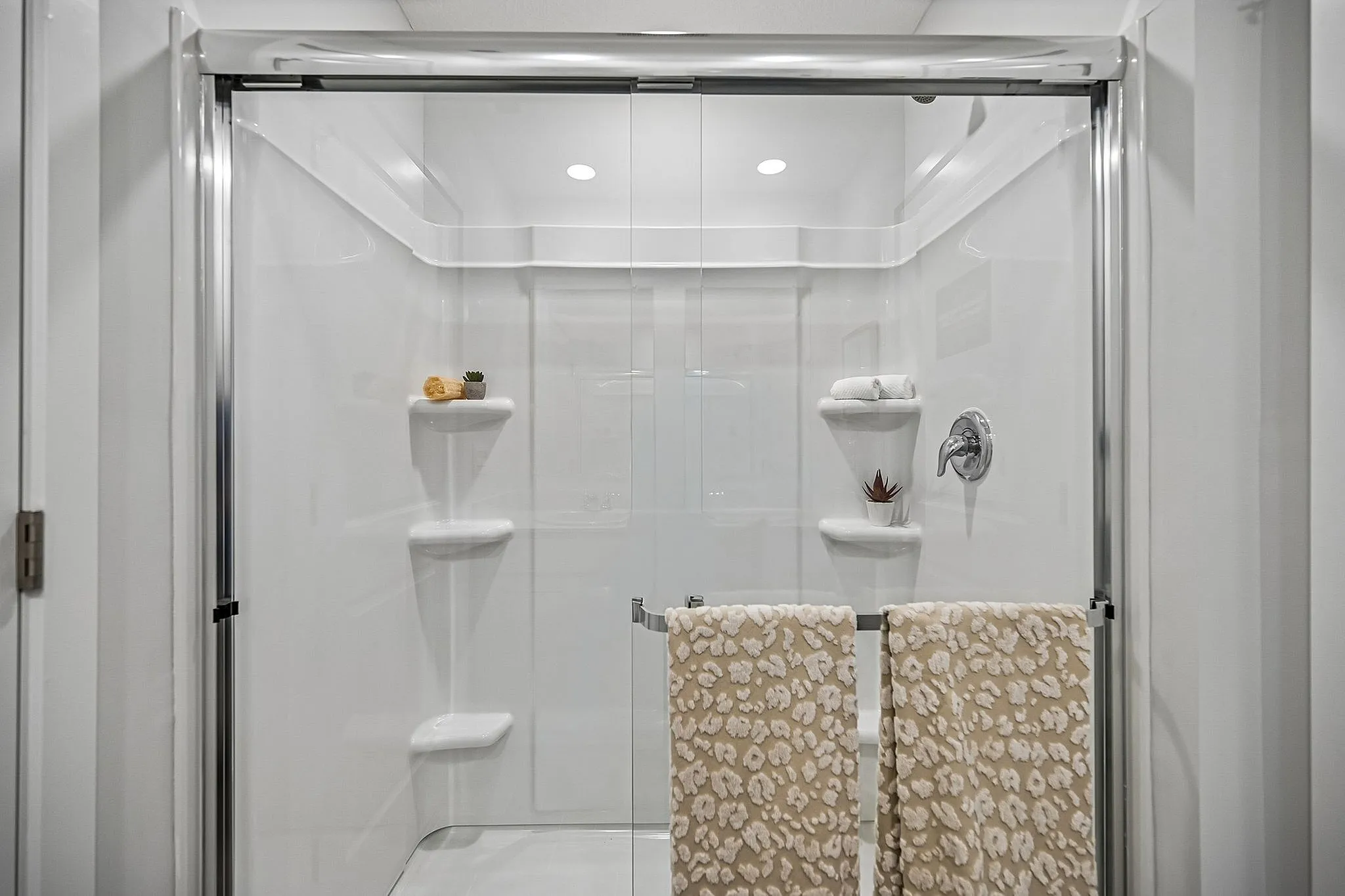 Elegant and modern bathroom featuring a glass shower with built-in shelving and stylish decor.