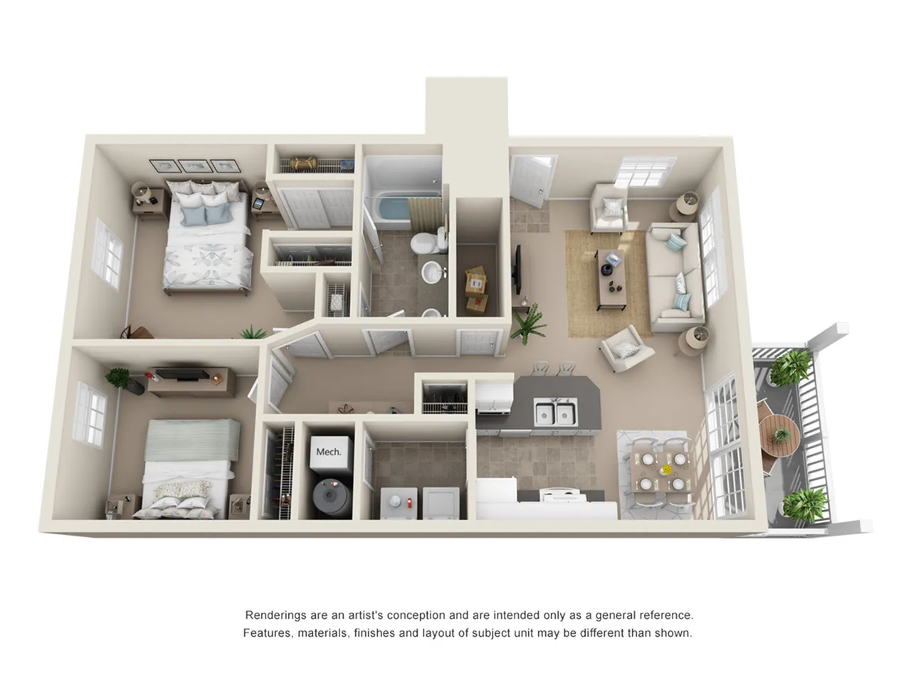 Modern 3D floor plan showcasing 2 bedrooms, a cozy living room, open kitchen, and balcony area, designed for comfortable urban living.
