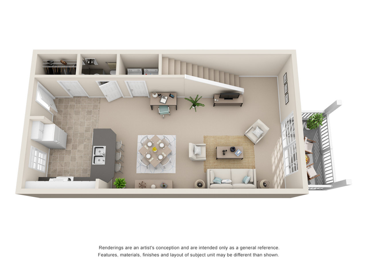 Modern 3D floor plan showcasing an open-concept living area, sleek kitchen with island, cozy dining space, and inviting balcony.