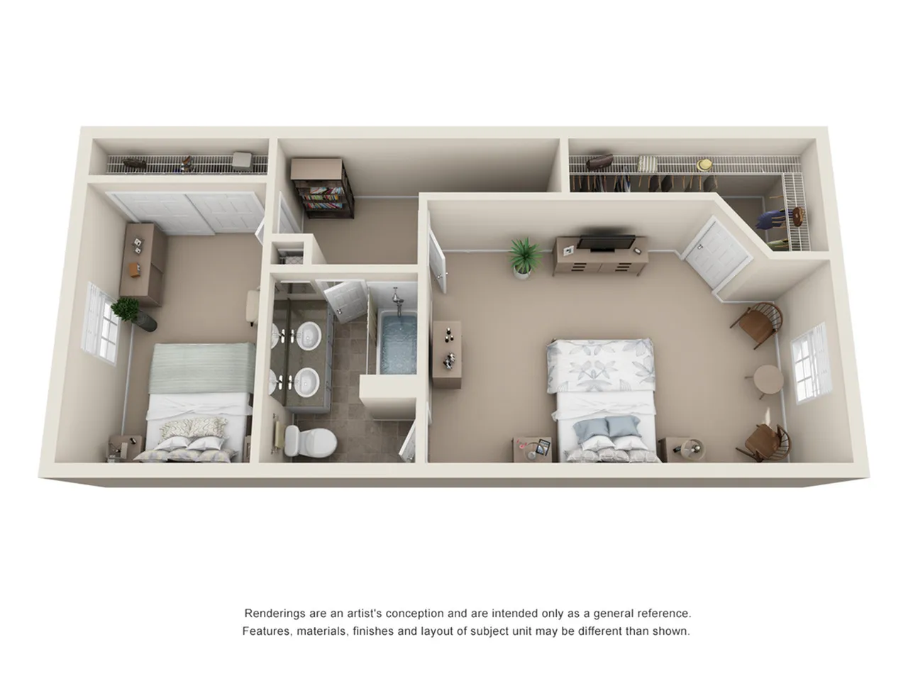 Modern 3D floor plan with two spacious bedrooms, cozy living area, and sleek bathroom layout.