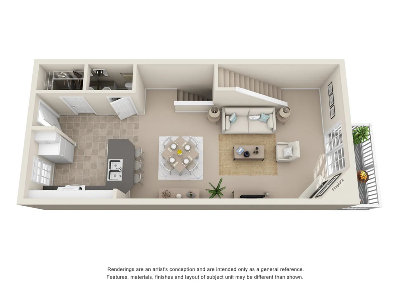 Elegant 3D floor plan showcasing an open-concept layout with a modern kitchen, cozy living room, and charming dining area.