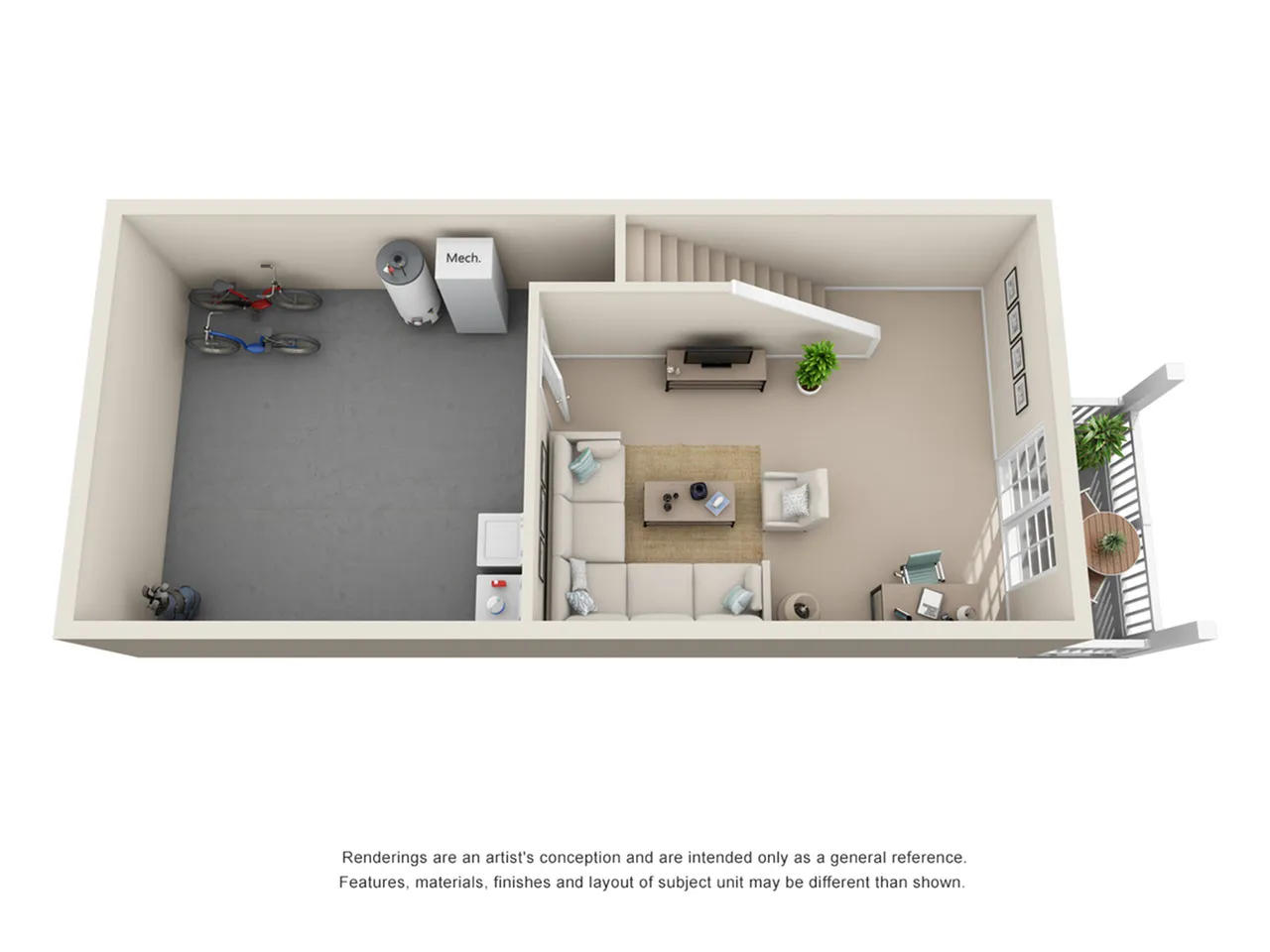 Chic 3D floor plan showcasing a spacious living room, stylish balcony, and functional garage space with bike storage.