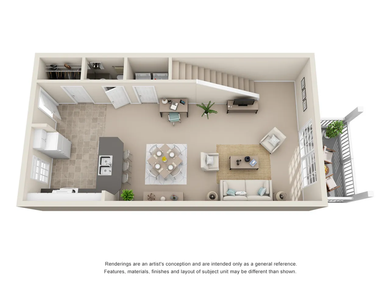 Modern open-concept floor plan featuring a cozy living room, dining area, and sleek kitchen with bar seating, along with a stylish balcony.