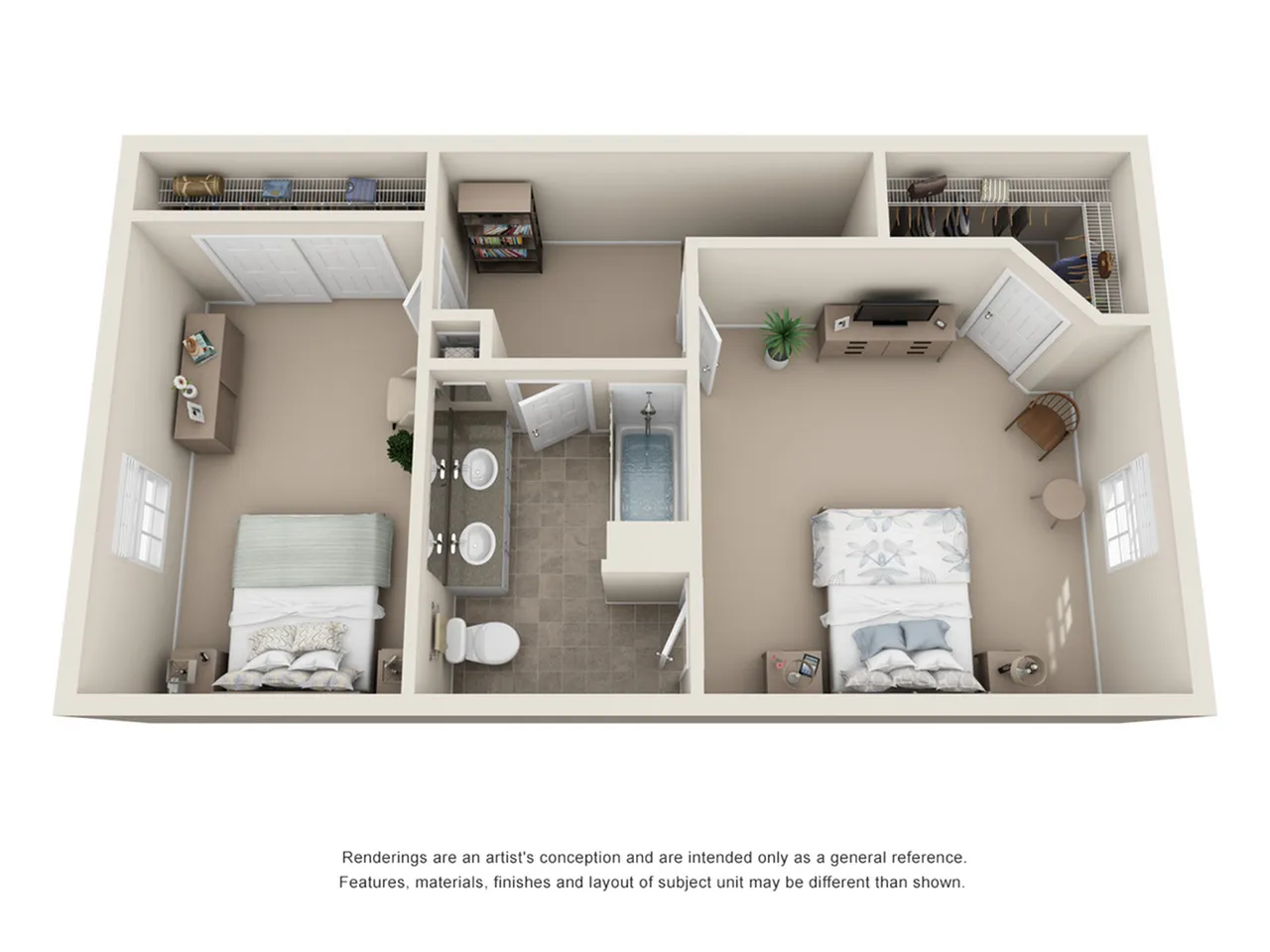 Inviting 3D floor plan showcasing two cozy bedrooms with ample closets, a shared bathroom, and a welcoming living space with natural light.