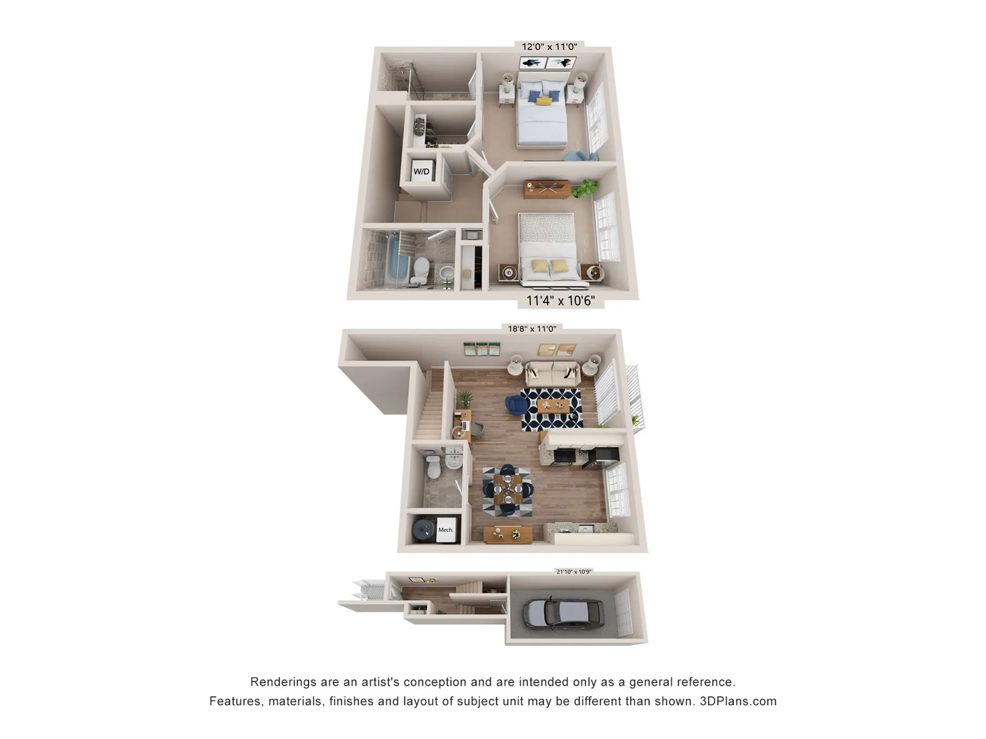 Modern 2D floor plan showcasing a sophisticated design with two cozy bedrooms, a stylish open-concept living and dining area, a chic kitchen, and a convenient garage space.