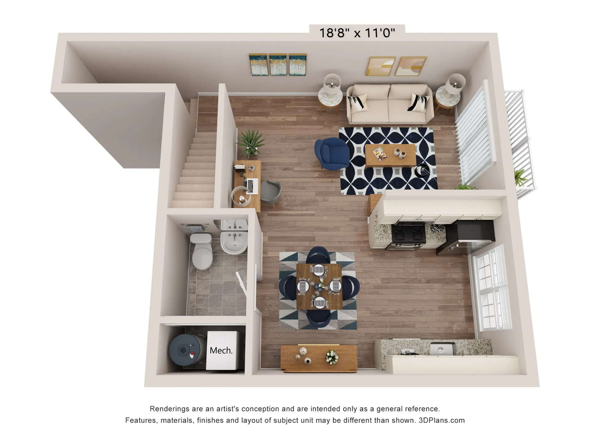 Chic 3D floor plan showcasing a cozy living area, stylish kitchen, elegant dining space, and modern bathroom in an open-concept layout.