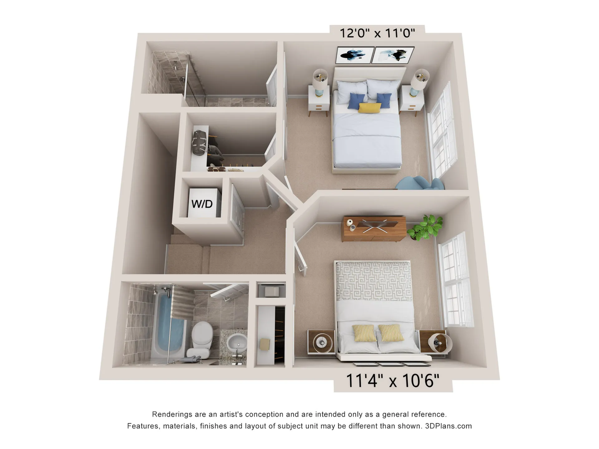 Charming 3D floor plan showcasing 2 bedrooms with modern decor, cozy living space, sleek bathroom, and efficient washer/dryer unit.