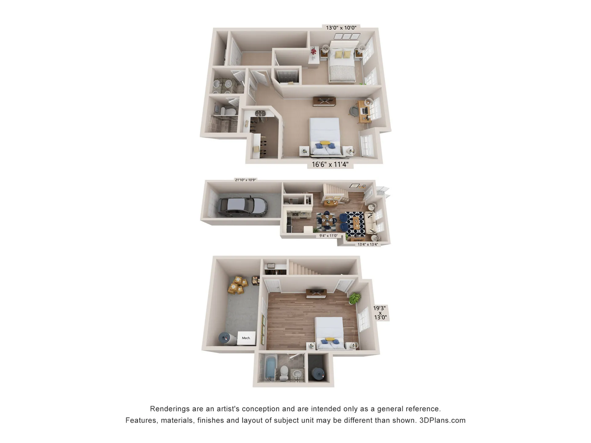 Modern multi-level apartment floor plan showcasing spacious living areas, three bedrooms, a cozy living room, and a convenient garage. Open-concept design ideal for stylish living.