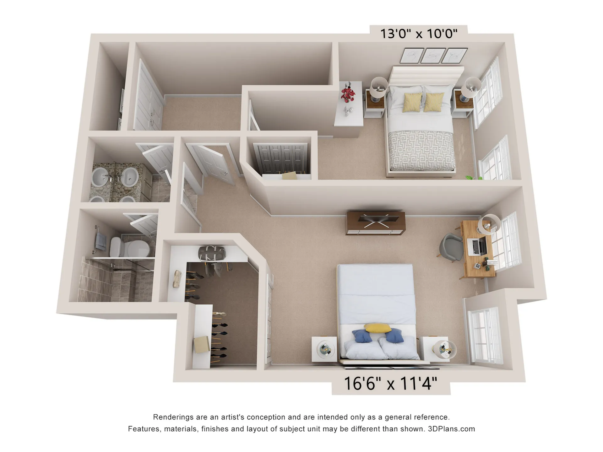 Modern 2D floor plan showcasing 2 spacious bedrooms, a stylish office nook, and dual-basin bathroom.
