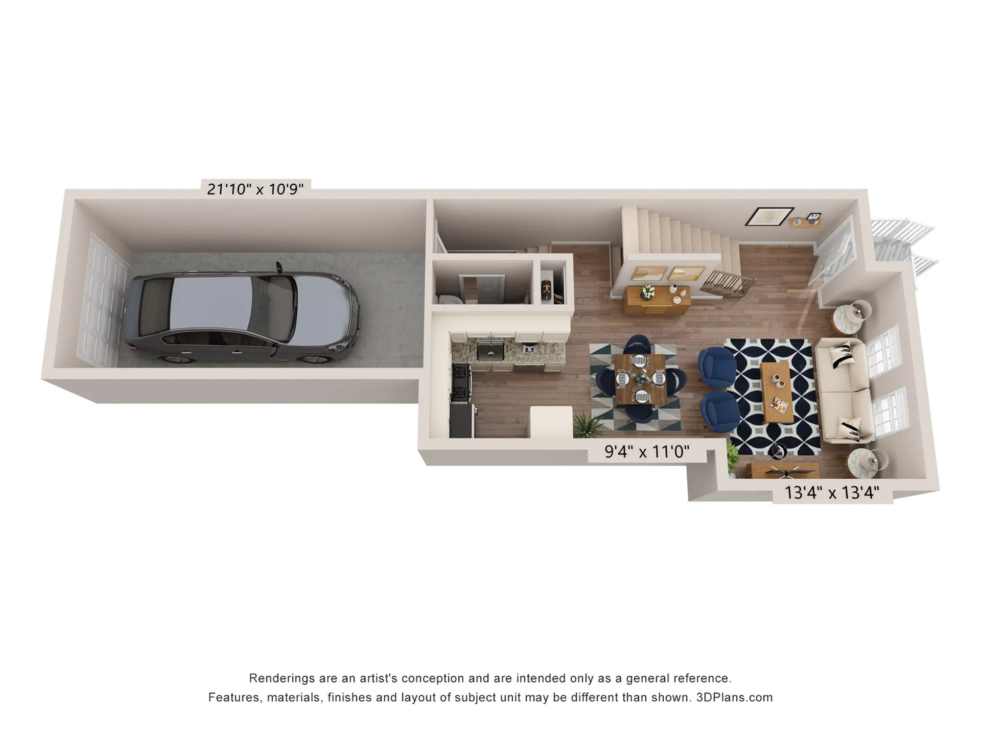 Charming 3D floor plan featuring a spacious garage, sleek kitchen, cozy dining area, and inviting living room with stylish decor.