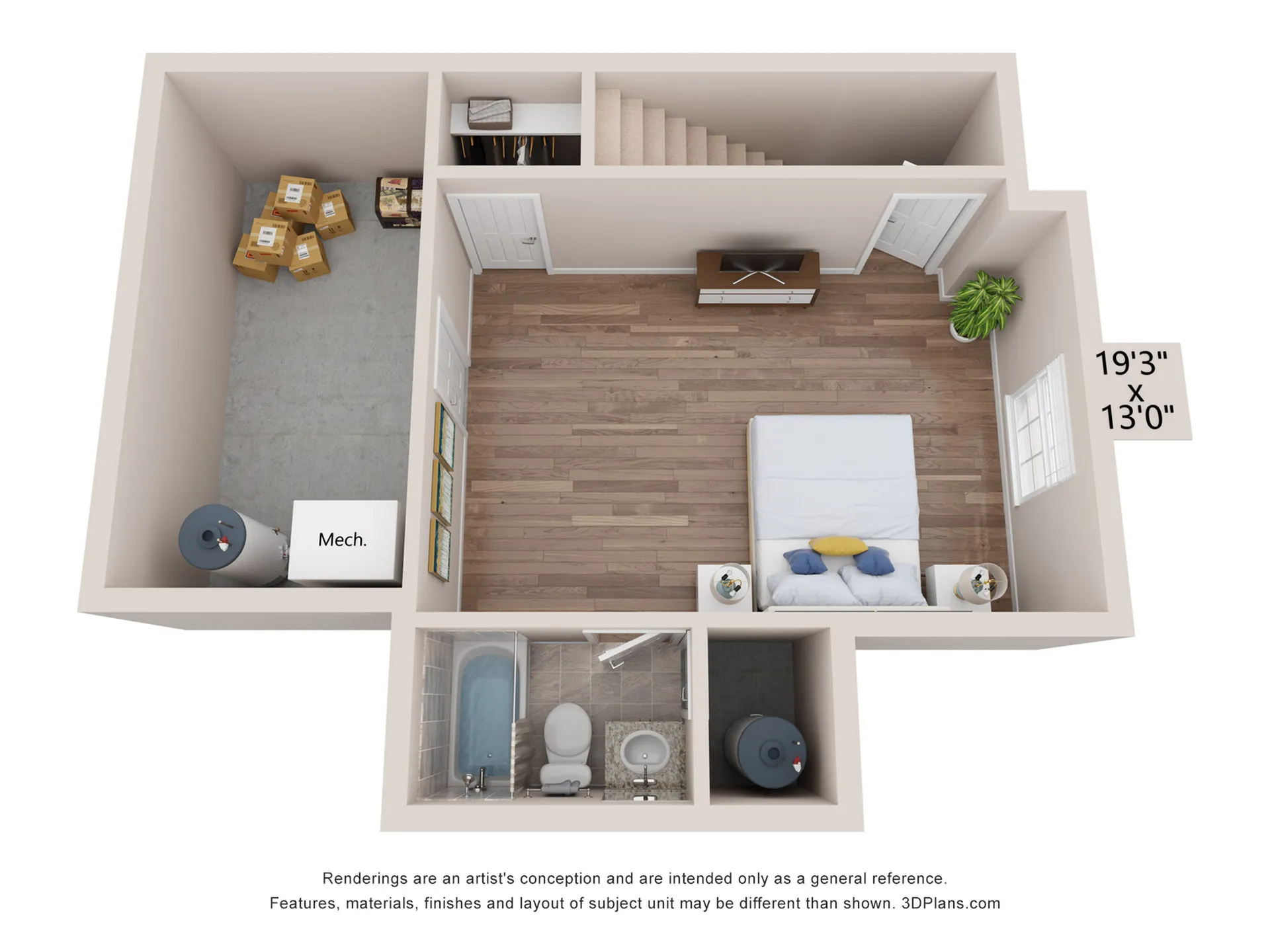 Inviting floor plan showcasing a spacious bedroom, modern bathroom, and a mechanical room, complete with stylish decor and ample storage space.