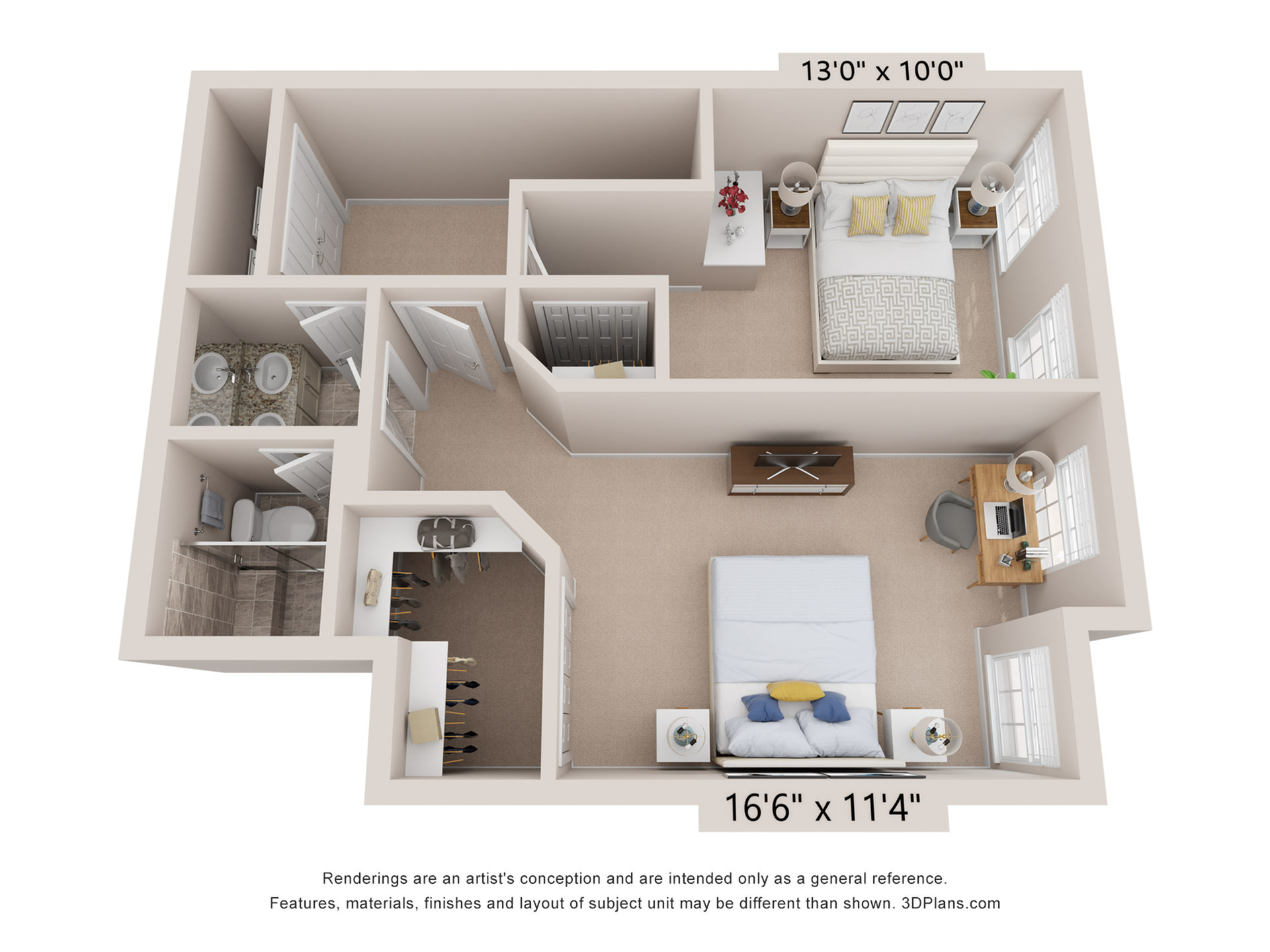 Modern 3D apartment floor plan showcasing two bedrooms, a stylish home office, and a luxurious bathroom. Ideal for comfortable living with ample closet space and contemporary design.