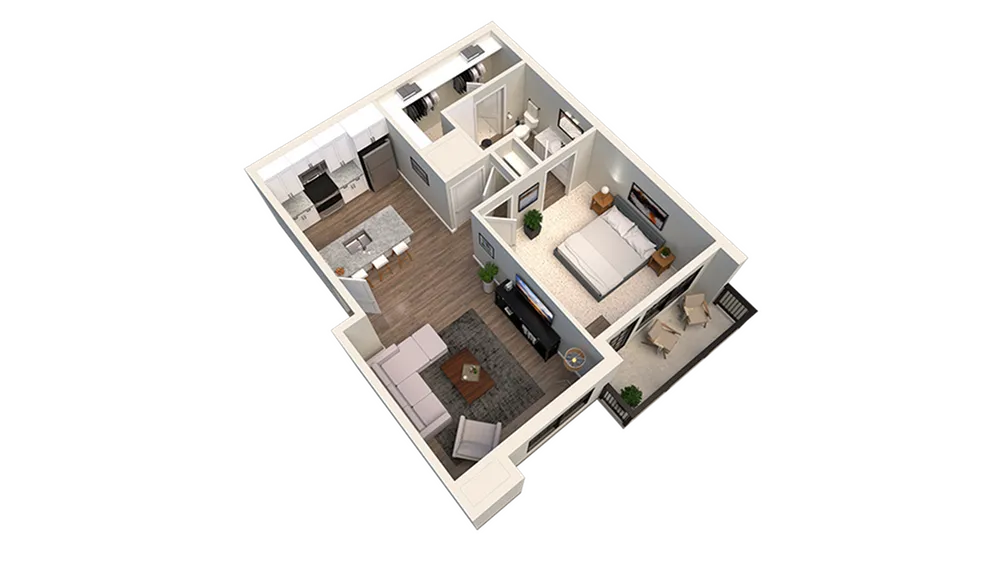 Modern 3D apartment layout showcasing a single bedroom, open kitchen with island, cozy living area, and bathroom, optimized for comfort and style.