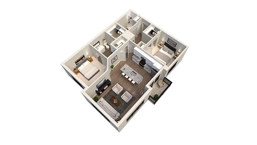 Elegant 3D floor plan showcasing a modern layout with two bedrooms, a spacious living room, and a contemporary kitchen integrated with the dining area.