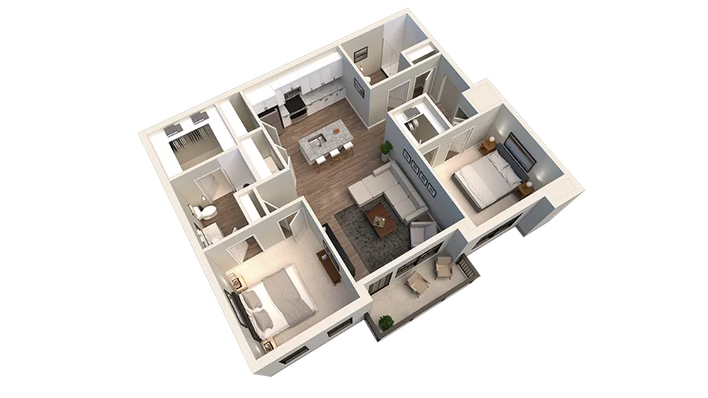 Modern 3D floor plan showcasing two cozy bedrooms, an open living area with sleek kitchen, and a stylish balcony.