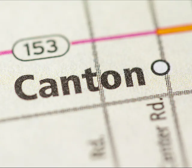 Close-up view of a map highlighting Canton with vibrant road lines and clear labels.