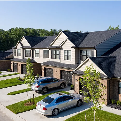 Charming modern townhouses with sleek architectural design, featuring neatly landscaped front yards and convenient driveways in a serene suburban neighborhood.