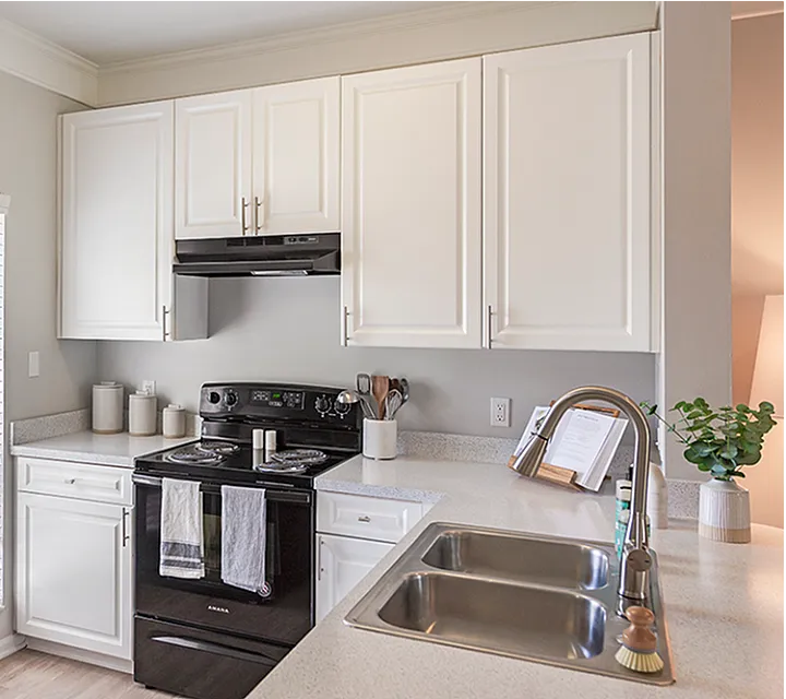Charming kitchen with sleek black appliances, pristine white cabinets, and modern countertops, offering a bright and inviting culinary space.