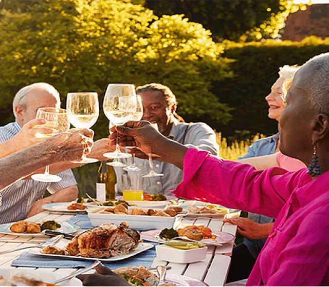 Joyful gathering of people enjoying an outdoor dinner, toasting with wine glasses over a table filled with delicious food, bathed in warm sunlight.