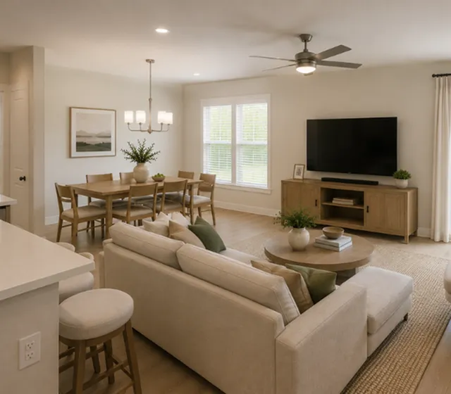 Modern open-concept living room with elegant dining area, large windows, and cozy neutral furnishings creating a bright and welcoming space.